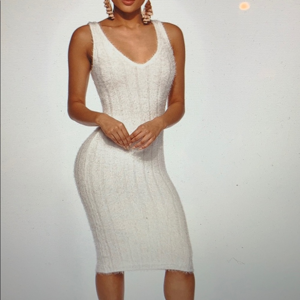 White fuzzy midi holiday dress